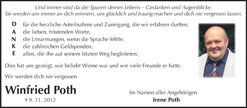  Traueranzeige für Winfried Poth vom 01.12.2012 aus Echo-Zeitungen (Gesamtausgabe)