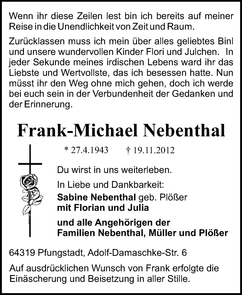  Traueranzeige für Frank-Michael Nebenthal vom 01.12.2012 aus Echo-Zeitungen (Gesamtausgabe)
