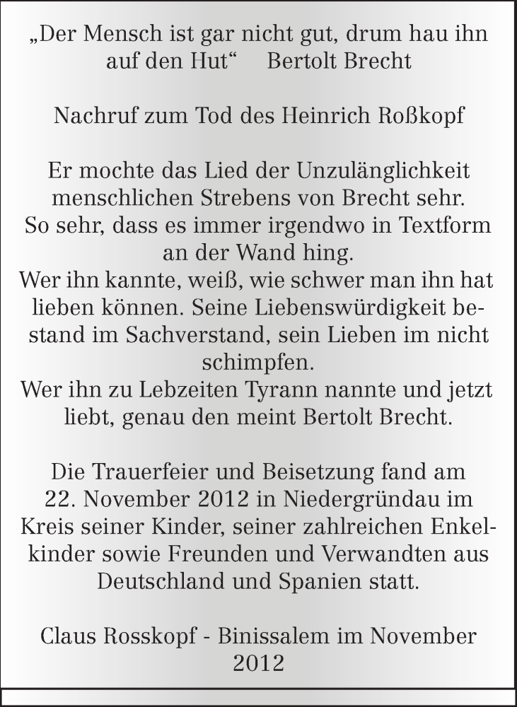  Traueranzeige für Heinrich Roßkopf vom 01.12.2012 aus Rüsselsheimer Echo, Groß-Gerauer-Echo, Ried Echo