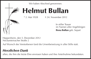 Traueranzeige von Helmut Bullan von Starkenburger Echo