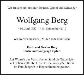 Traueranzeige von Wolfgang Berg von Starkenburger Echo
