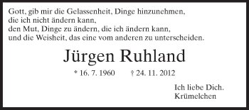 Traueranzeige von Jürgen Ruhland von Echo-Zeitungen (Gesamtausgabe)