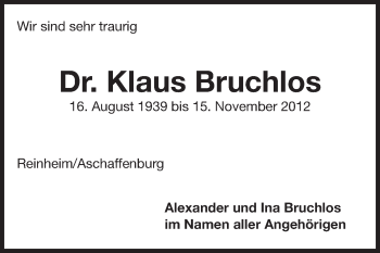 Traueranzeige von Klaus Bruchlos von Echo-Zeitungen (Gesamtausgabe)