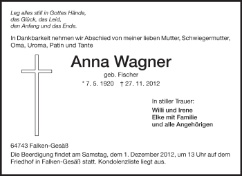 Traueranzeige von Anna Wagner von Odenwälder Echo