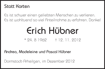 Traueranzeige von Erich Hübner von Echo-Zeitungen (Gesamtausgabe)