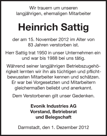 Traueranzeige von Heinrich Sattig von Echo-Zeitungen (Gesamtausgabe)