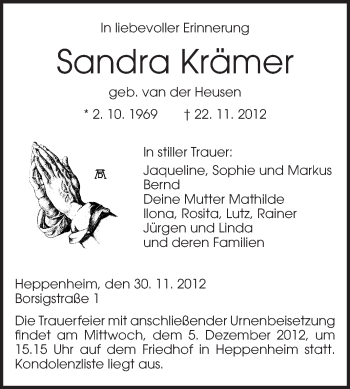 Traueranzeige von Sandra Krämer von Starkenburger Echo