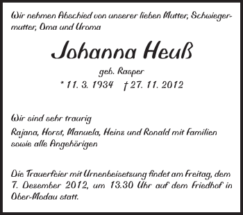 Traueranzeige von Johanna Heuß von Echo-Zeitungen (Gesamtausgabe)