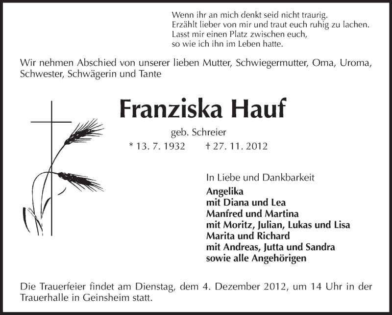  Traueranzeige für Franziska Hauf vom 30.11.2012 aus Rüsselsheimer Echo, Groß-Gerauer-Echo, Ried Echo