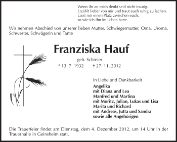 Traueranzeige von Franziska Hauf von Rüsselsheimer Echo, Groß-Gerauer-Echo, Ried Echo