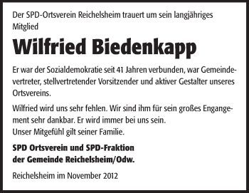 Traueranzeige von Wilfried Biedenkapp von Odenwälder Echo
