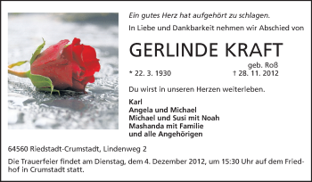 Traueranzeige von Gerlinde Kraft von Darmstädter Echo, Odenwälder Echo, Rüsselsheimer Echo, Groß-Gerauer-Echo, Ried Echo