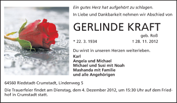 Traueranzeige von Gerlinde Kraft von Darmstädter Echo, Odenwälder Echo, Rüsselsheimer Echo, Groß-Gerauer-Echo, Ried Echo