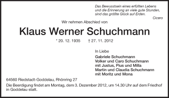 Traueranzeige von Klaus Werner Schuchmann von Rüsselsheimer Echo, Groß-Gerauer-Echo, Ried Echo