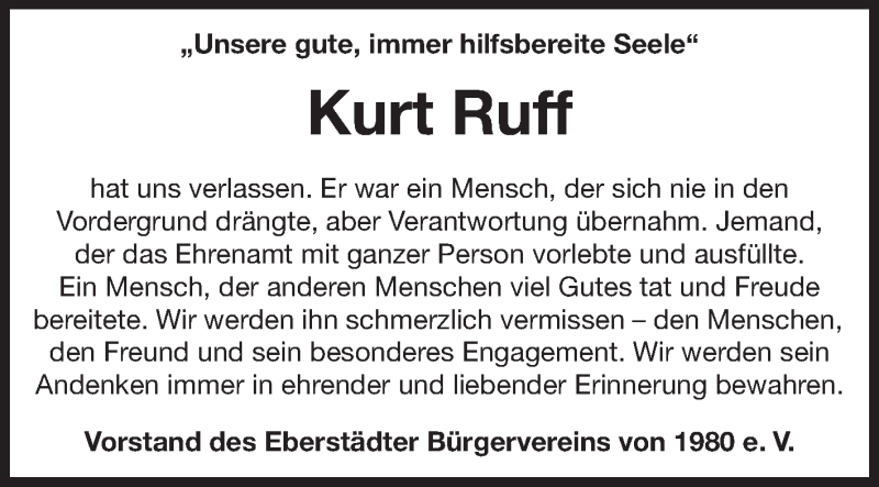  Traueranzeige für Kurt Ruff vom 01.12.2012 aus Echo-Zeitungen (Gesamtausgabe)