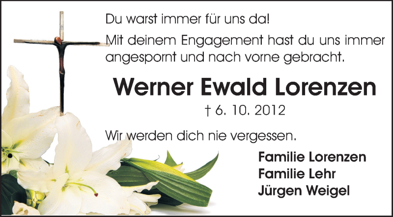  Traueranzeige für Werner Ewald Lorenzen vom 01.12.2012 aus Echo-Zeitungen (Gesamtausgabe)