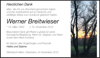 Traueranzeige von Werner Breitwieser von Echo-Zeitungen (Gesamtausgabe)
