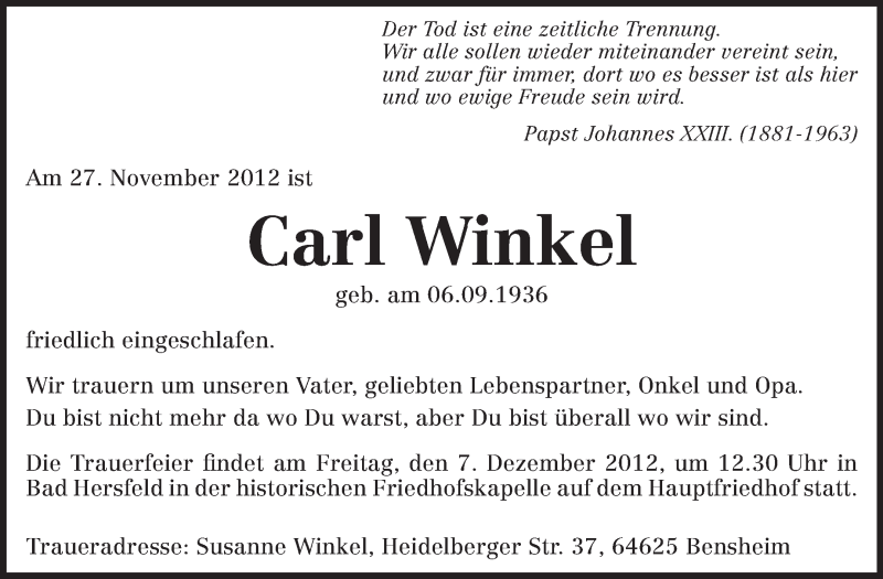  Traueranzeige für Carl Winkel vom 01.12.2012 aus Echo-Zeitungen (Gesamtausgabe)