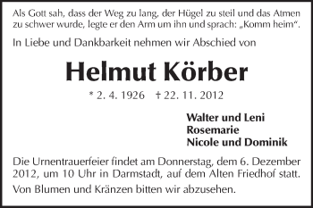 Traueranzeige von Helmut Körber von Echo-Zeitungen (Gesamtausgabe)