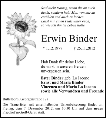 Traueranzeige von Erwin Binder von Rüsselsheimer Echo, Groß-Gerauer-Echo, Ried Echo