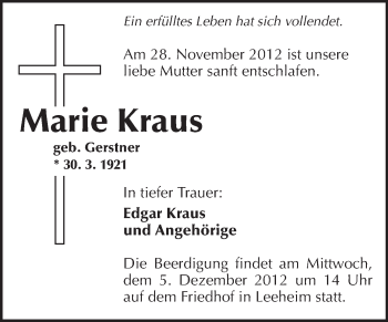 Traueranzeige von Marie Kraus von Rüsselsheimer Echo, Groß-Gerauer-Echo, Ried Echo
