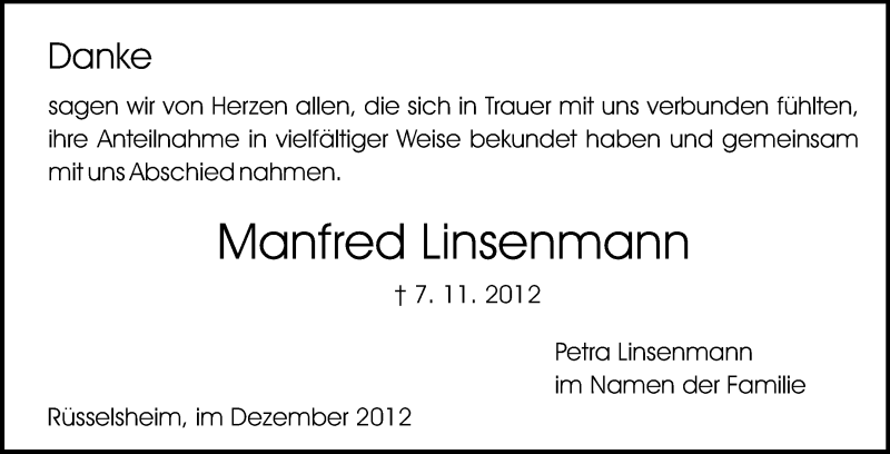  Traueranzeige für Manfred Linsenmann vom 01.12.2012 aus Rüsselsheimer Echo, Groß-Gerauer-Echo, Ried Echo