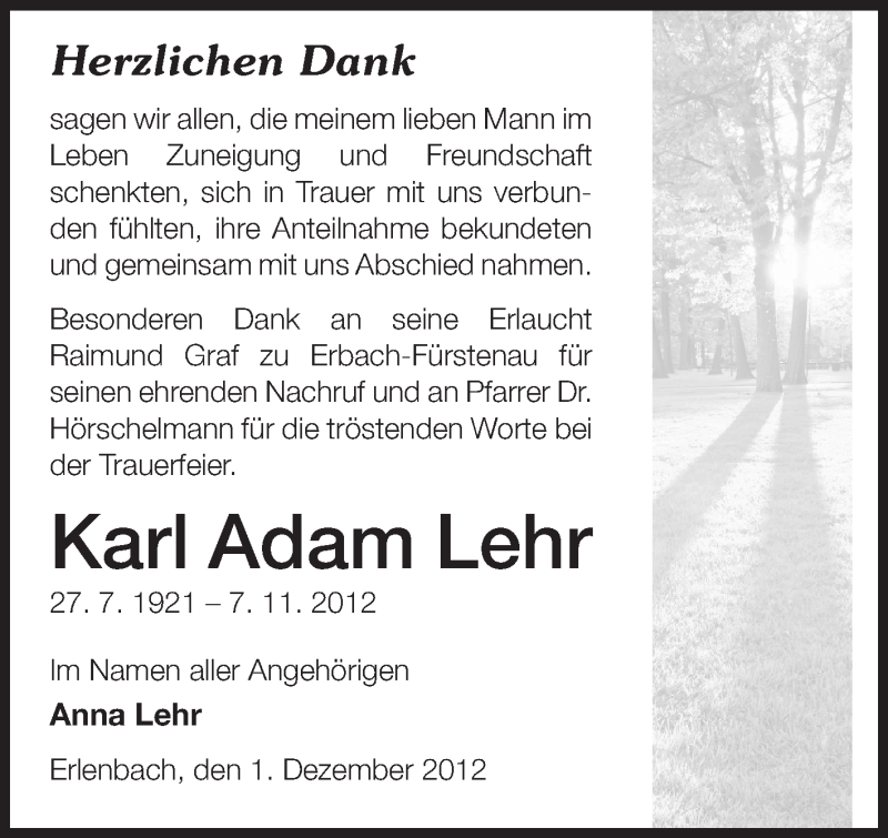  Traueranzeige für Karl Adam Lehr vom 01.12.2012 aus Odenwälder Echo