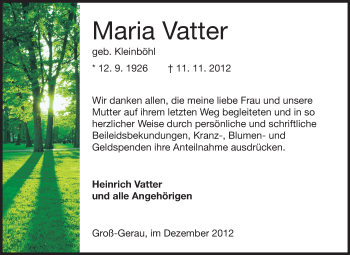 Traueranzeige von Maria Vatter von Darmstädter Echo