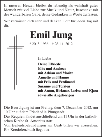 Traueranzeige von Emil Jung von Echo-Zeitungen (Gesamtausgabe)