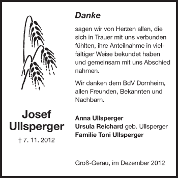 Traueranzeige von Josef Ullsperger von Rüsselsheimer Echo, Groß-Gerauer-Echo, Ried Echo