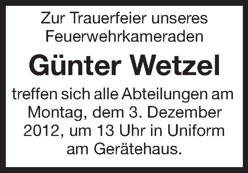  Traueranzeige für Günter Wetzel vom 01.12.2012 aus Starkenburger Echo