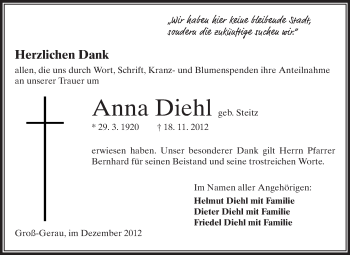 Traueranzeige von Anna Diehl von Rüsselsheimer Echo, Groß-Gerauer-Echo, Ried Echo
