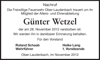 Traueranzeige von Günter Wetzel von Starkenburger Echo