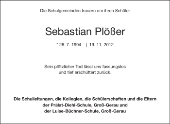 Traueranzeige von Sebastian Plößer von Rüsselsheimer Echo, Groß-Gerauer-Echo, Ried Echo