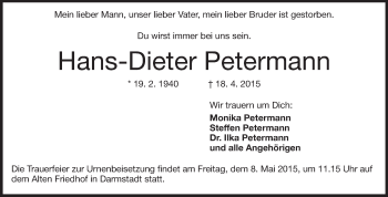 Traueranzeige von Hans-Dieter Petermann von Echo-Zeitungen (Gesamtausgabe)