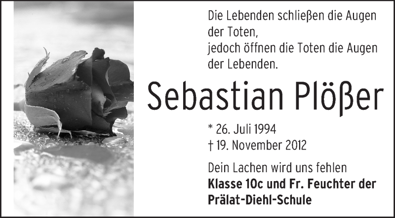  Traueranzeige für Sebastian Plößer vom 03.12.2012 aus Rüsselsheimer Echo, Groß-Gerauer-Echo, Ried Echo