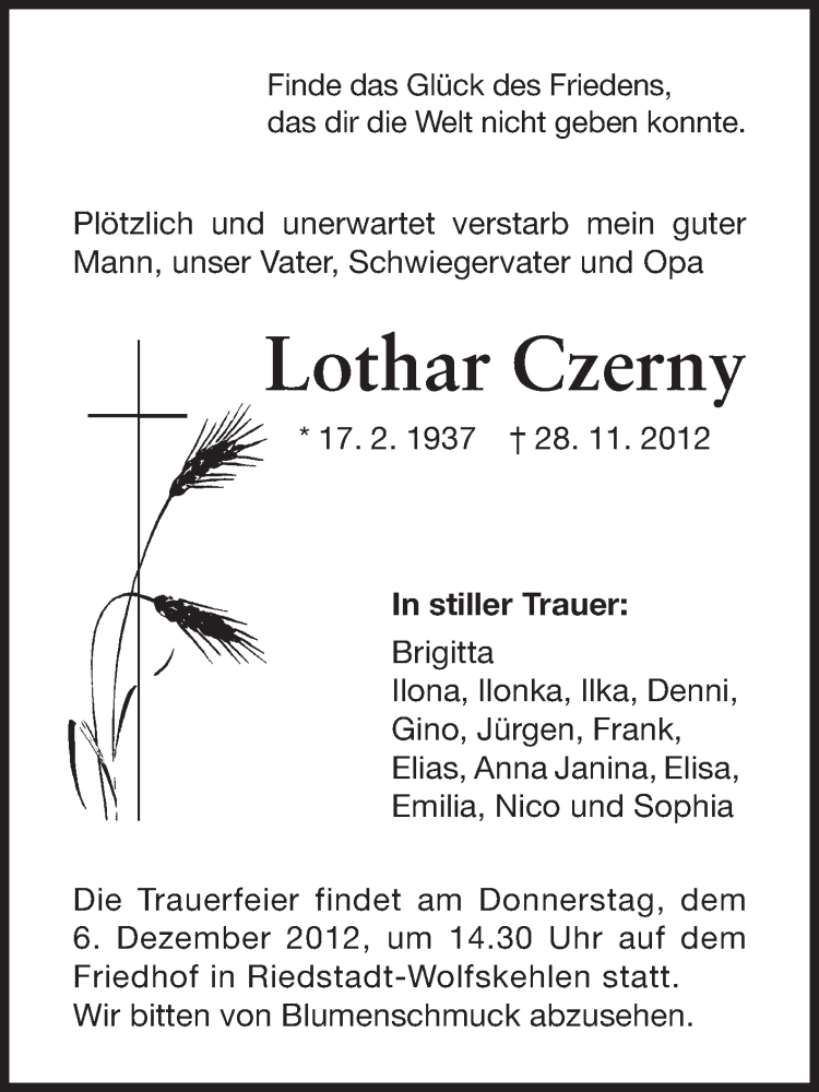  Traueranzeige für Lothar Czerny vom 03.12.2012 aus Echo-Zeitungen (Gesamtausgabe)
