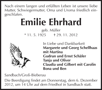 Traueranzeige von Emilie Ehrhard von Echo-Zeitungen (Gesamtausgabe)