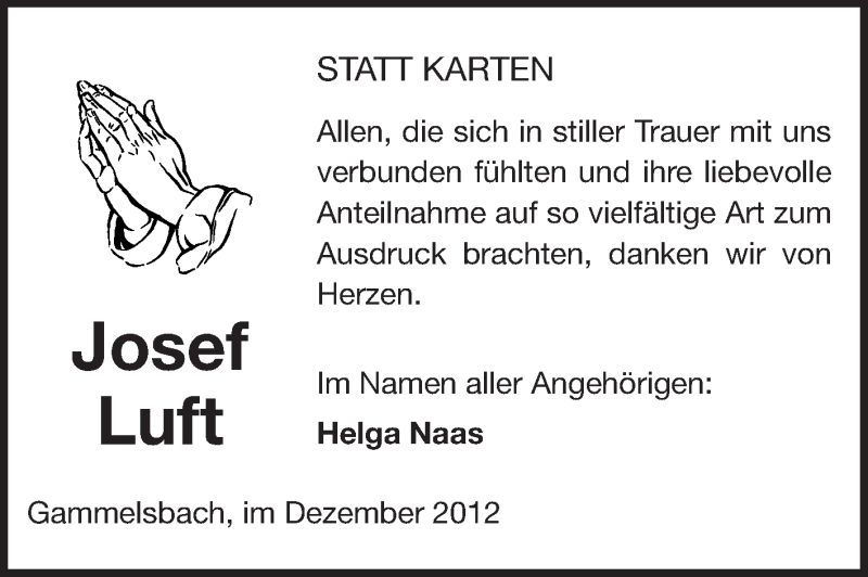  Traueranzeige für Josef Luft vom 08.12.2012 aus Odenwälder Echo