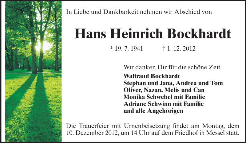  Traueranzeige für Hans Heinrich Bockhardt vom 05.12.2012 aus Echo-Zeitungen (Gesamtausgabe)
