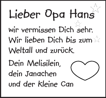 Traueranzeige von Opa Hans  von Echo-Zeitungen (Gesamtausgabe)