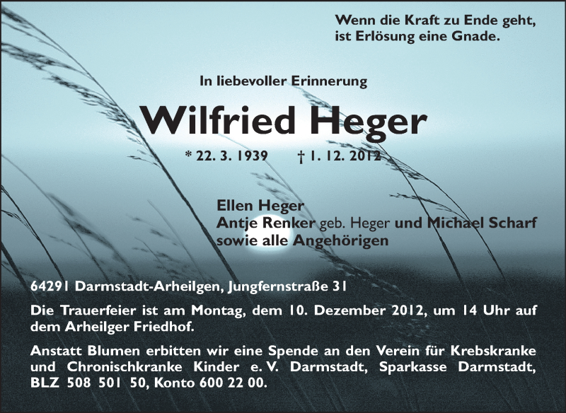  Traueranzeige für Wilfried Heger vom 05.12.2012 aus Echo-Zeitungen (Gesamtausgabe)