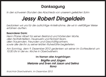Traueranzeige von Jessy Robert Dingeldein von Odenwälder Echo