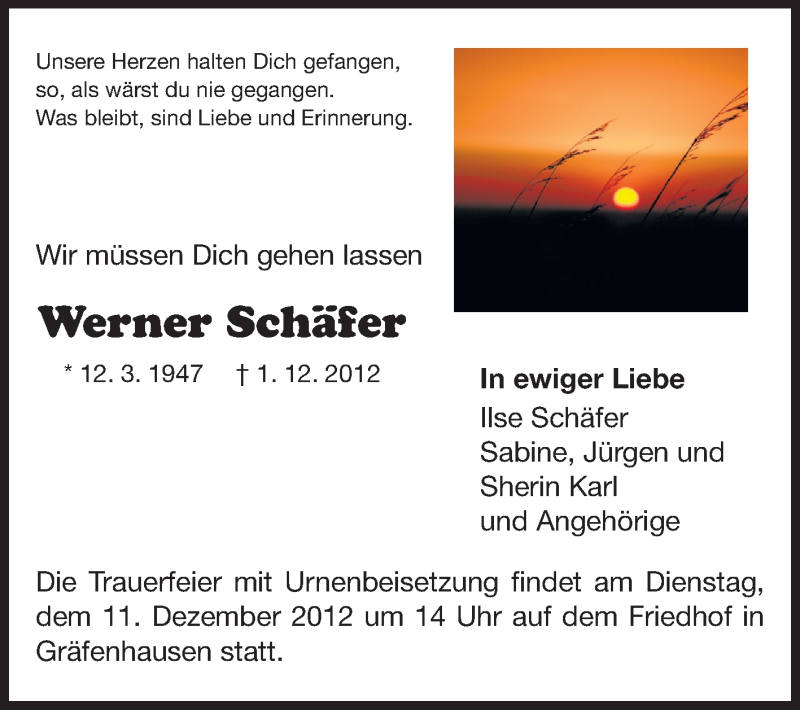  Traueranzeige für Werner Schäfer vom 08.12.2012 aus Echo-Zeitungen (Gesamtausgabe)