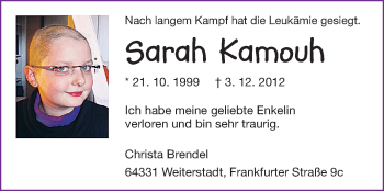 Traueranzeige von Sarah Kamouh von Echo-Zeitungen (Gesamtausgabe)