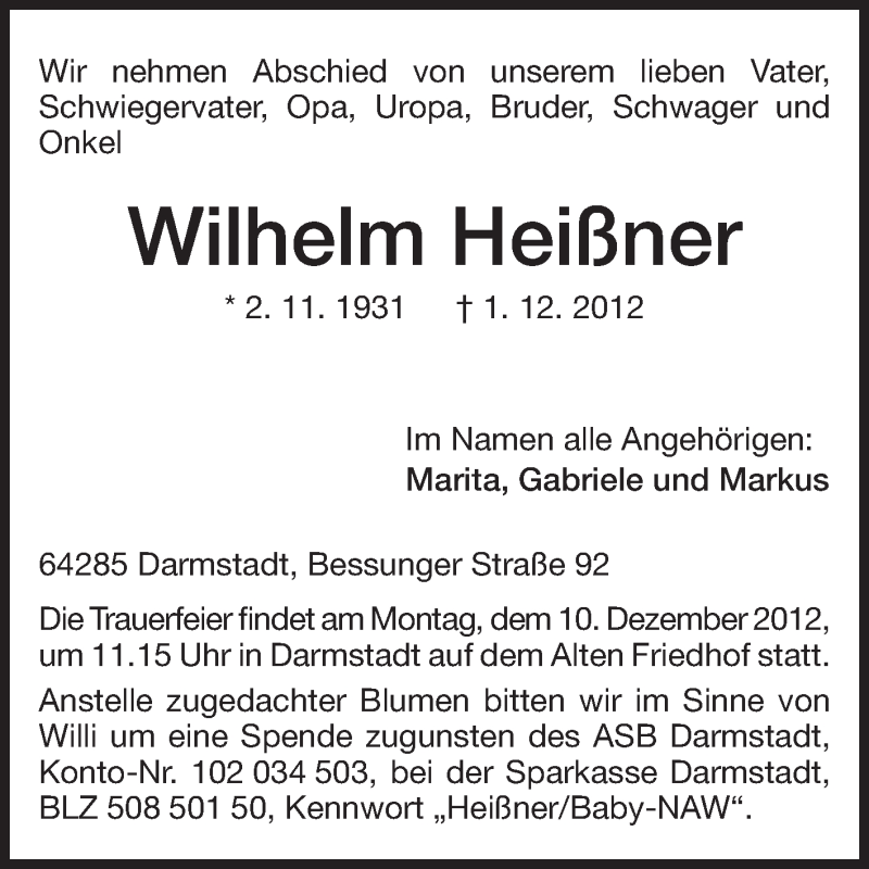  Traueranzeige für Wilhelm Heißner vom 05.12.2012 aus Echo-Zeitungen (Gesamtausgabe)