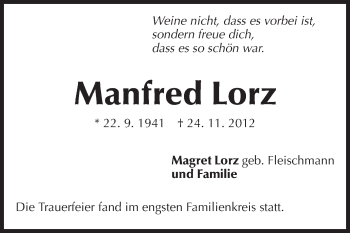 Traueranzeige von Manfred Lorz von Echo-Zeitungen (Gesamtausgabe)