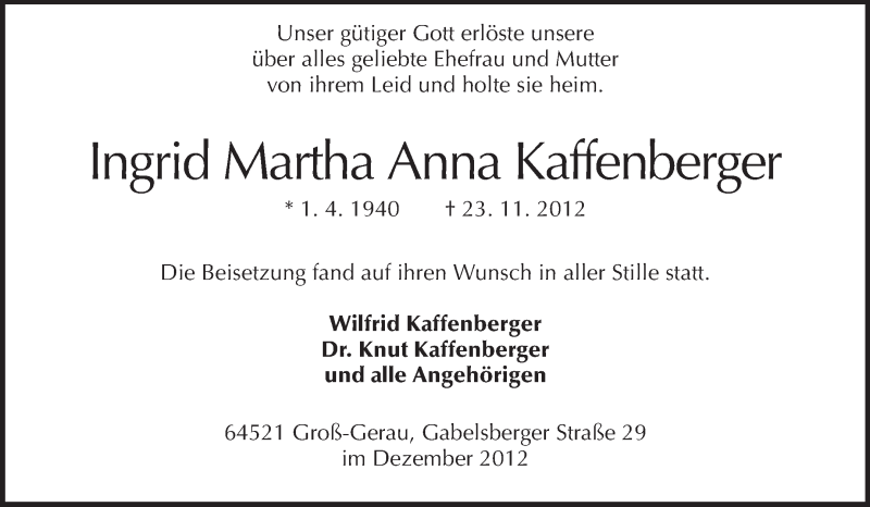  Traueranzeige für Ingrid Martha Anna  Kaffenberger vom 07.12.2012 aus Rüsselsheimer Echo, Groß-Gerauer-Echo, Ried Echo