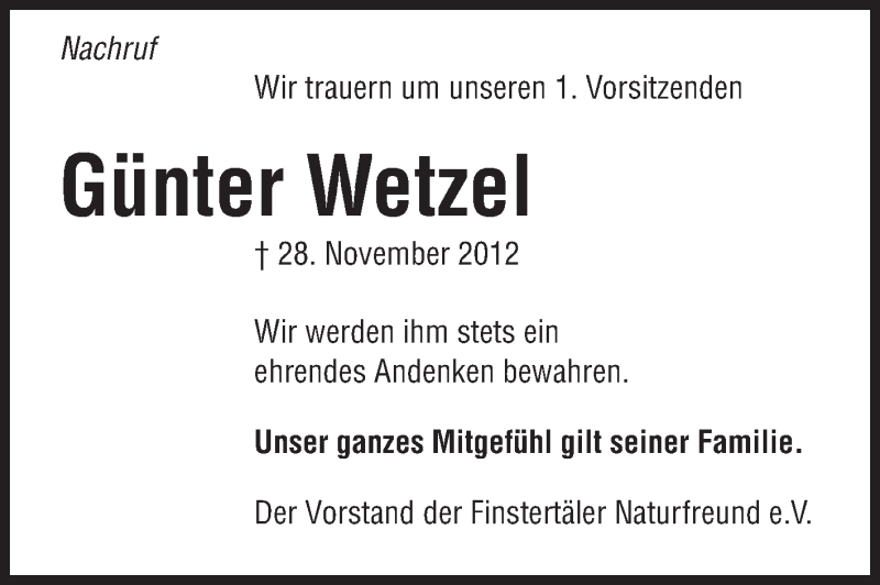  Traueranzeige für Günter Wetzel vom 06.12.2012 aus Starkenburger Echo