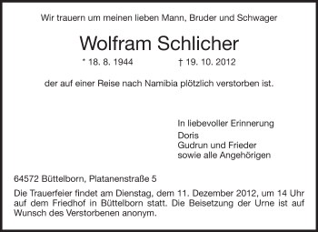 Traueranzeige von Wolfram Schlicher von Rüsselsheimer Echo, Groß-Gerauer-Echo, Ried Echo